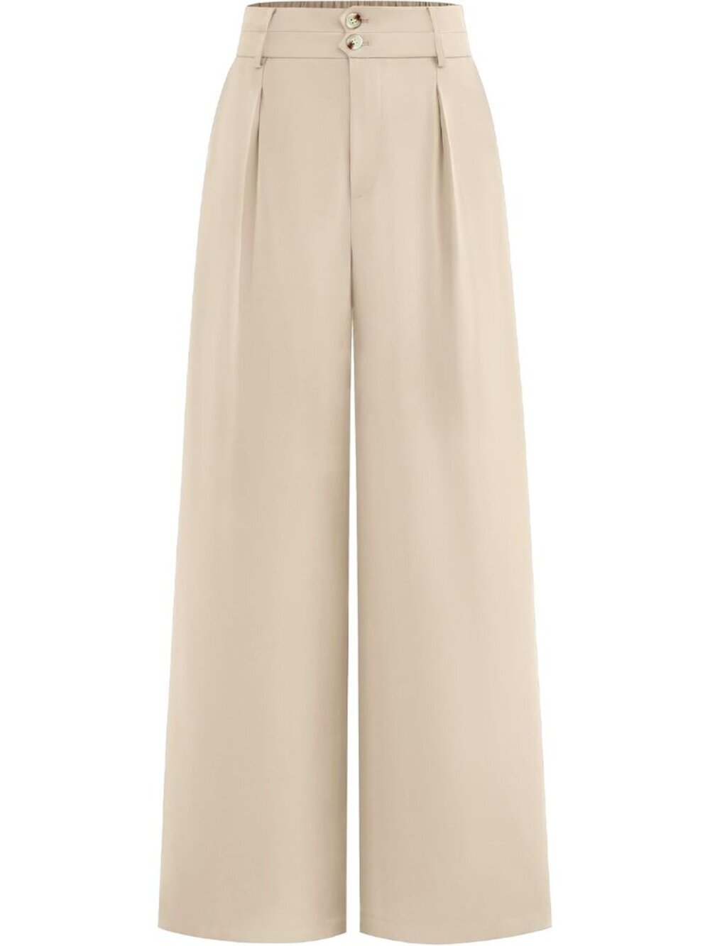Women's Beige High Waisted Button Pleated Business Casual Wide Leg Dress Pants